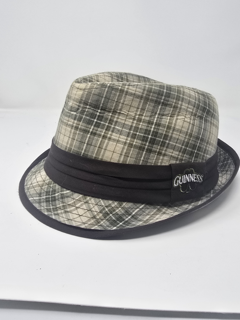 Guinness Plaid Fedora Hat in Olive and Cream